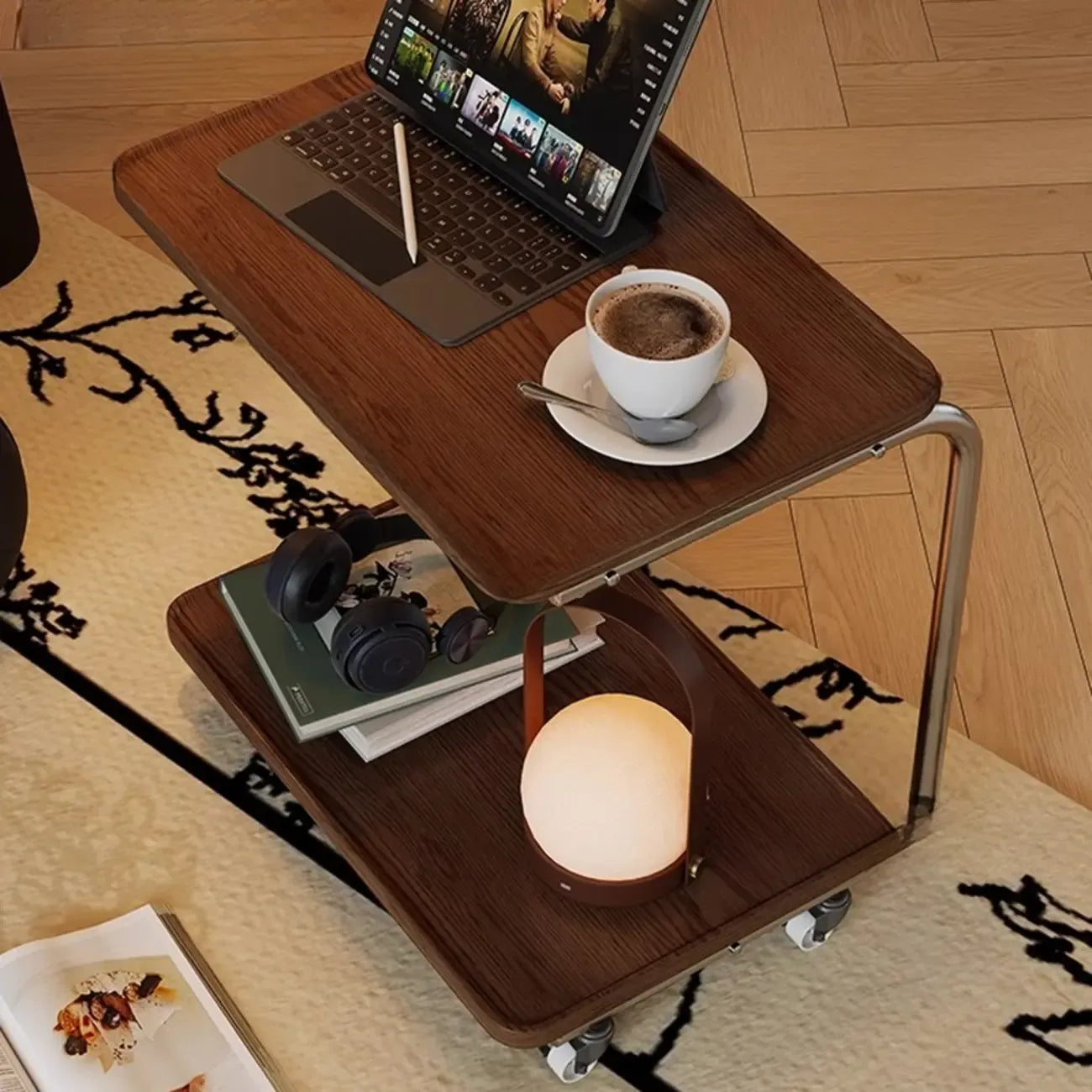 2-tier Rectangular C-shaped Wood Side Table with Wheels