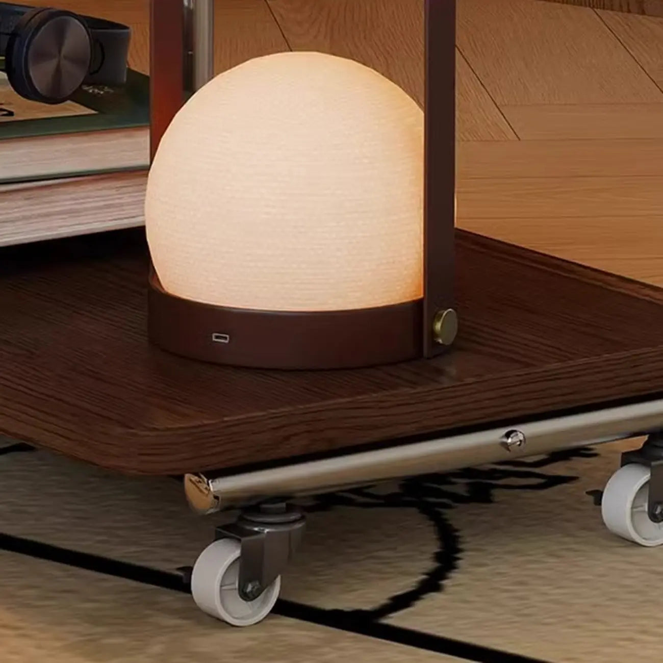 2-tier Rectangular C-shaped Wood Side Table with Wheels