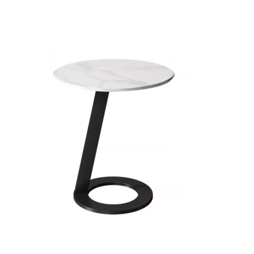 White Modern Stone Metal C Shaped Round Side Table