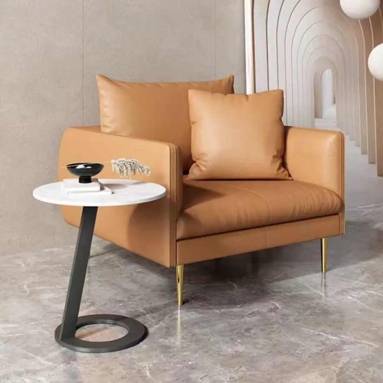 White Modern Stone Metal C Shaped Round Side Table