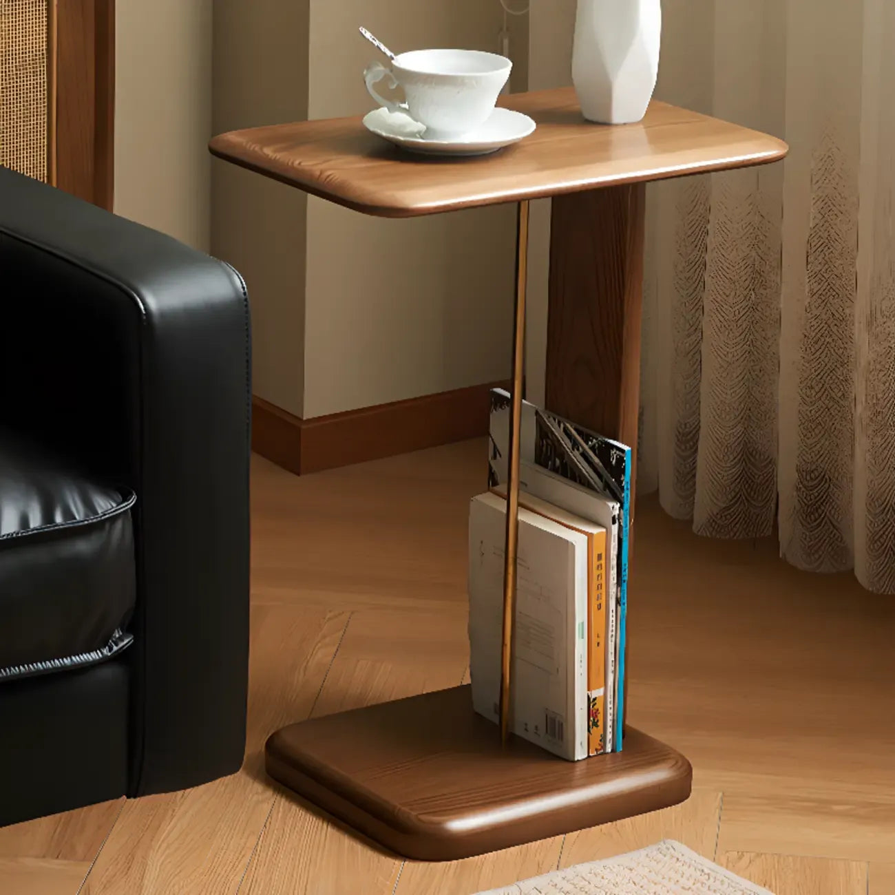 Minimalist Wood Narrow C Side Tables with Book Holder
