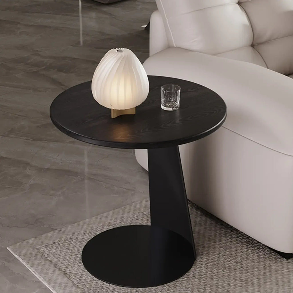 Black Minimalist Round Wood Steel C Shaped Side Table