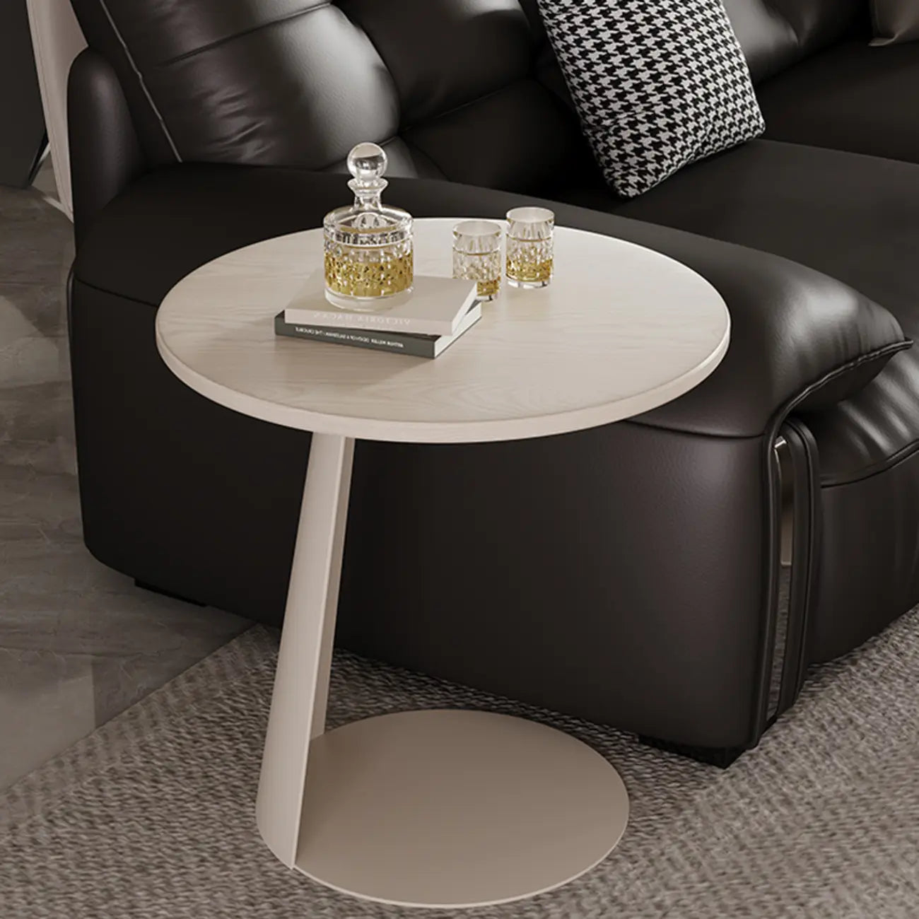 Black Minimalist Round Wood Steel C Shaped Side Table