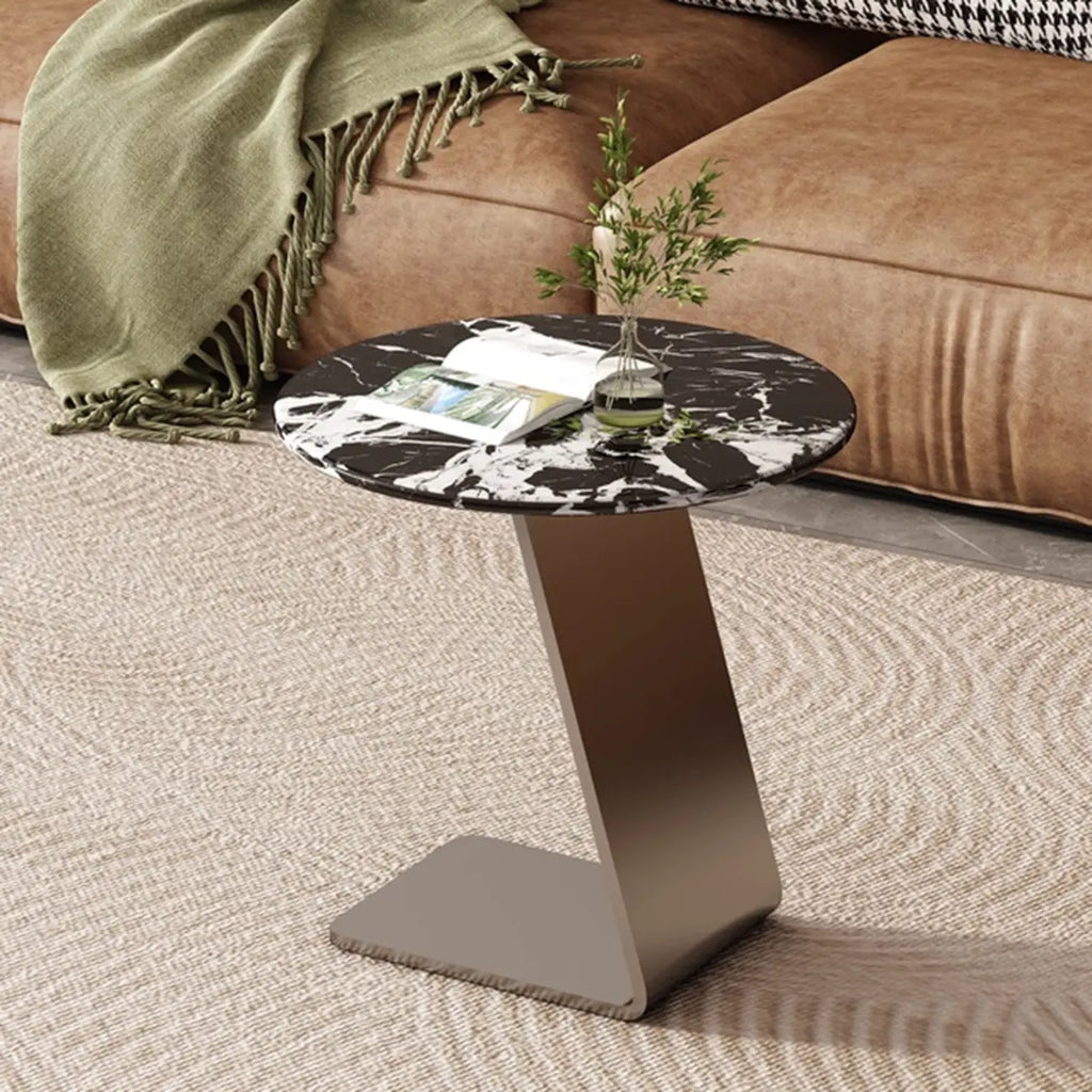 Contemporary C Shaped Stone Stainless Steel Side Table