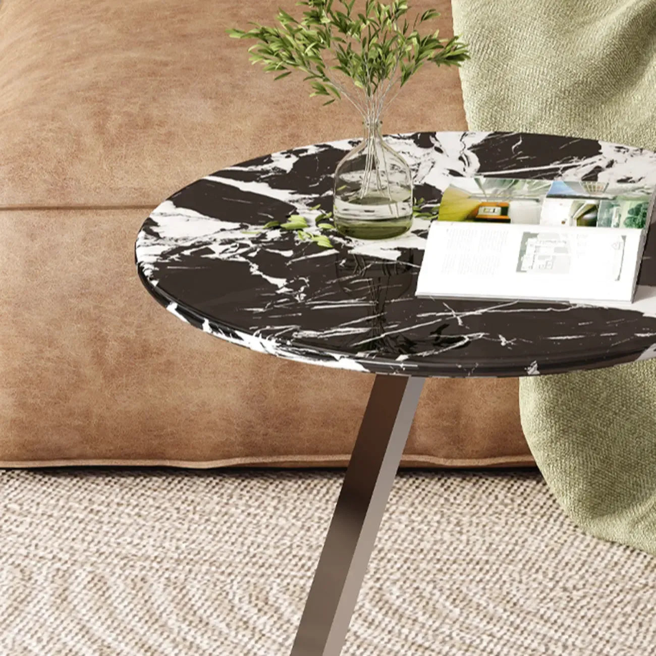 Contemporary C Shaped Stone Stainless Steel Side Table