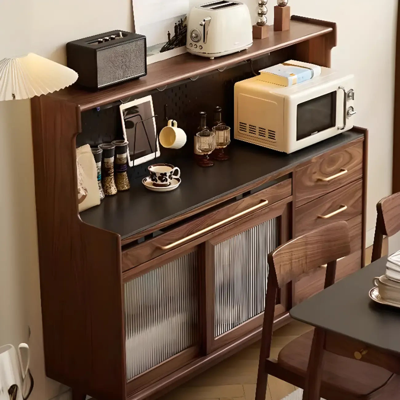 Modern Walnut Stone Countertop Buffet with Cabinets