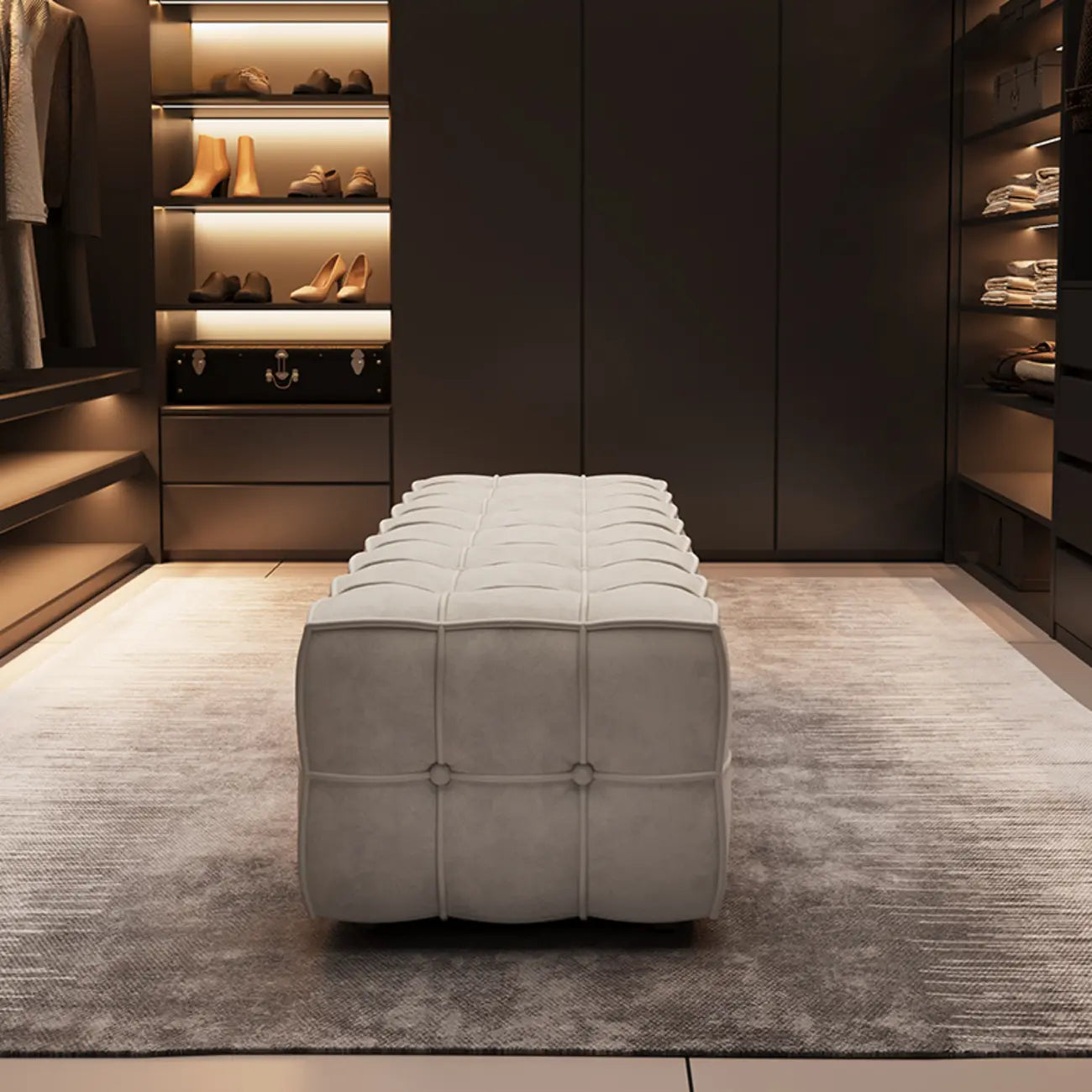 Modern White Upholstered Tufted Bedroom Bench