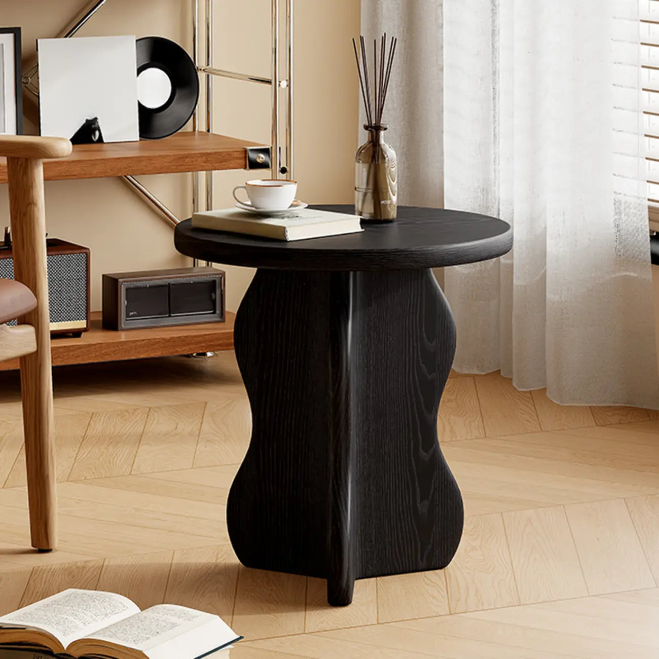 Modern Round Curved Base Wooden End Table for Living Room