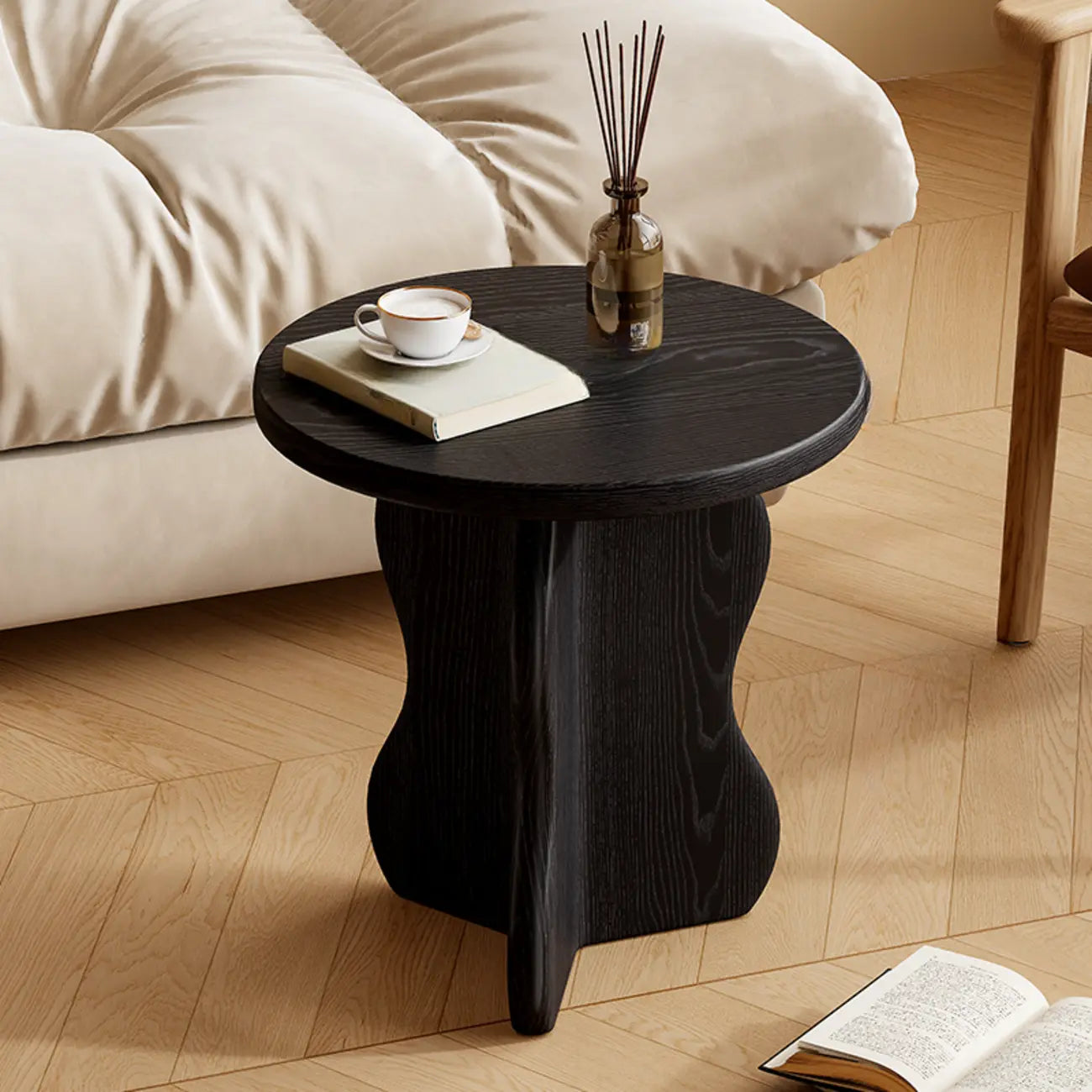 Modern Round Curved Base Wooden End Table for Living Room