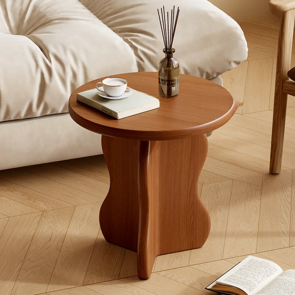 Modern Round Curved Base Wooden End Table for Living Room