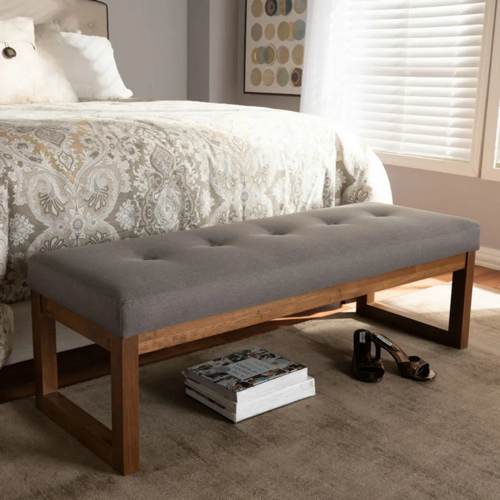 Traditional Upholstered Gray Bedroom Bench Wood Frame