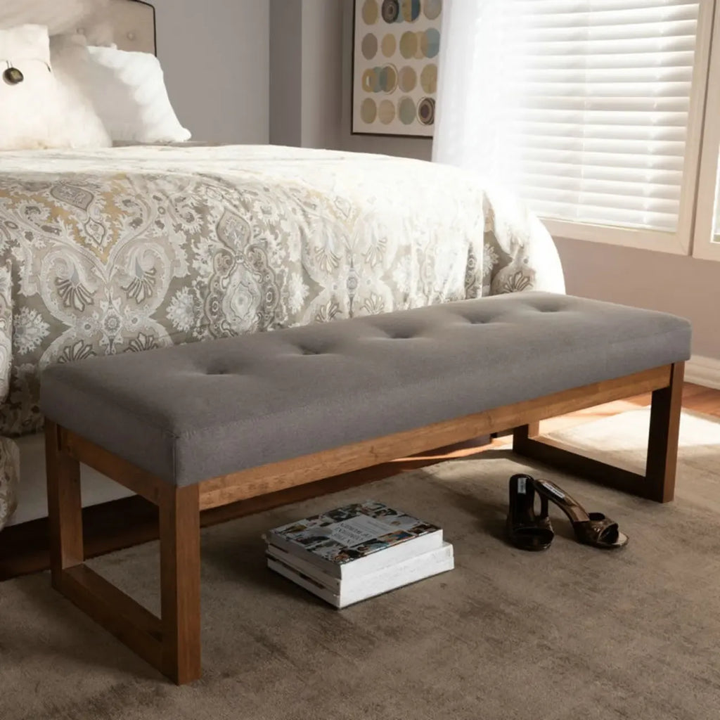 Traditional Upholstered Gray Bedroom Bench Wood Frame