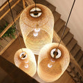 Oriental Cylinder Woven Rattan Pendant Chandelier for Staircase