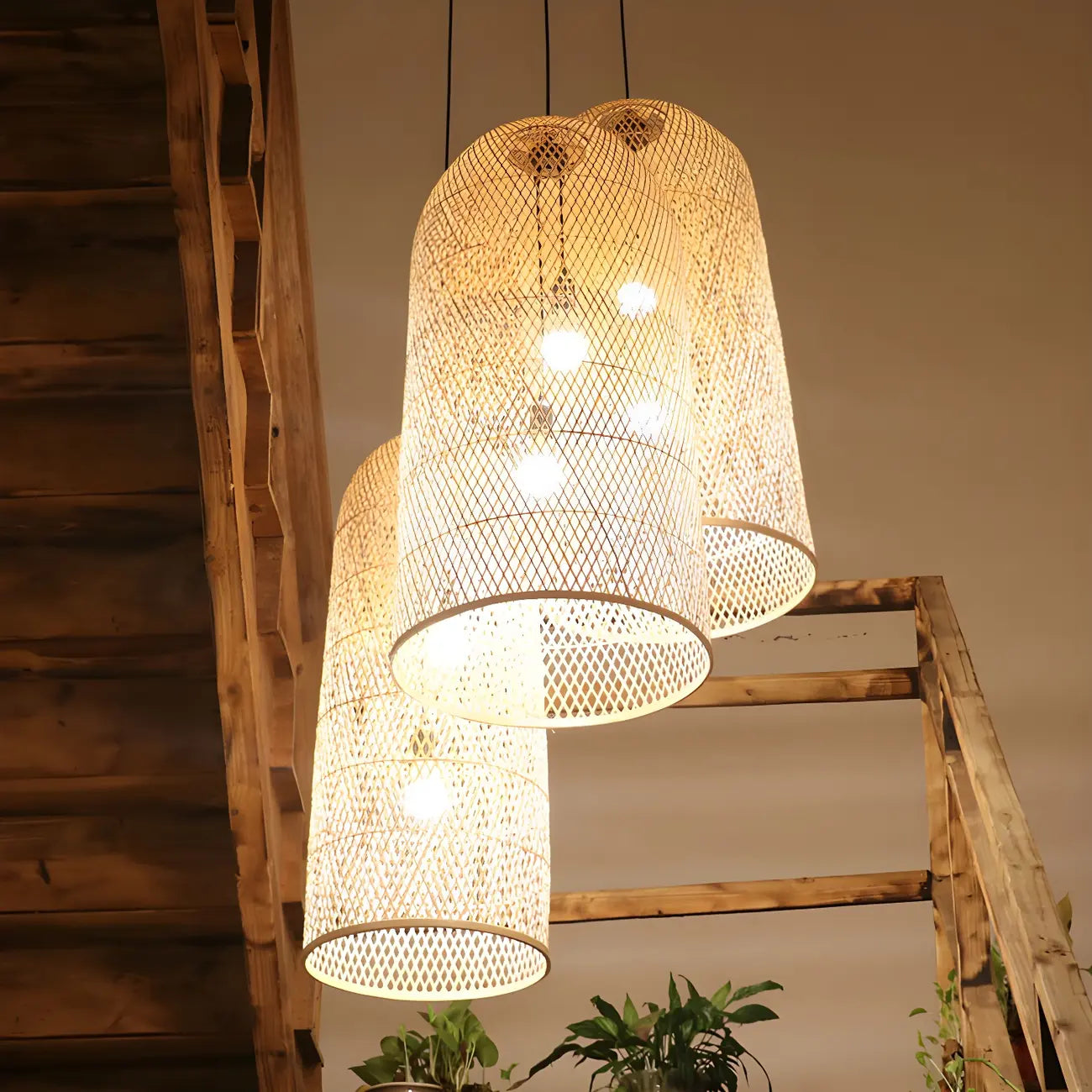 Oriental Cylinder Woven Rattan Pendant Chandelier for Staircase