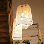 Oriental Cylinder Woven Rattan Pendant Chandelier for Staircase