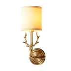 Vintage Antler Brass Wall Sconce with 2 Lights & Fabric Shade