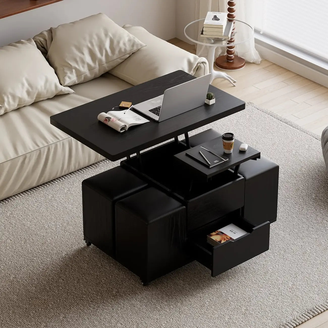 Foldable Lift-Top Coffee Table with 4 Stools & Storage