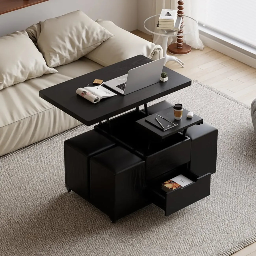 Foldable Lift-Top Coffee Table with 4 Stools & Storage