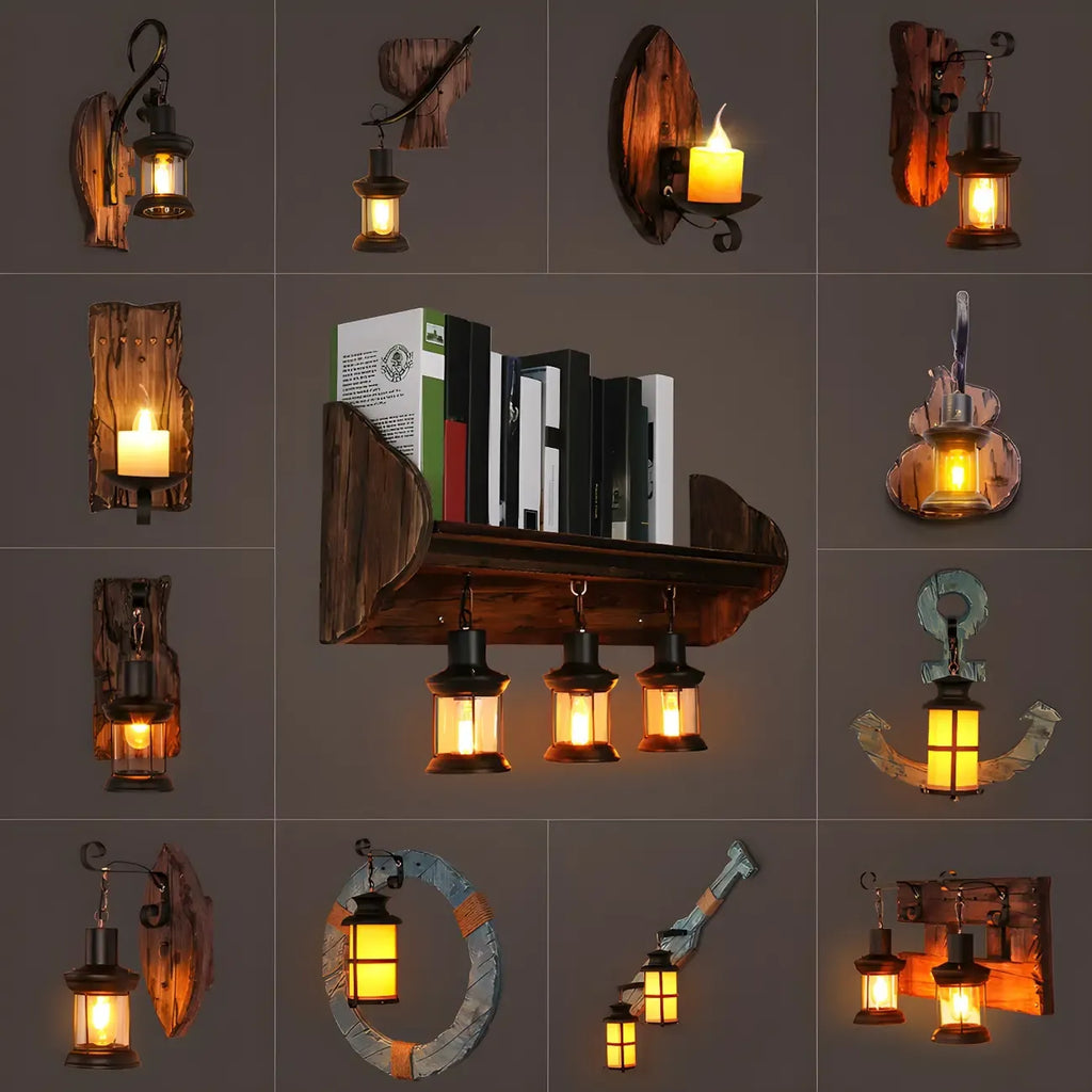 Industrial Distressed Wood Glass Black Wall Lantern Light