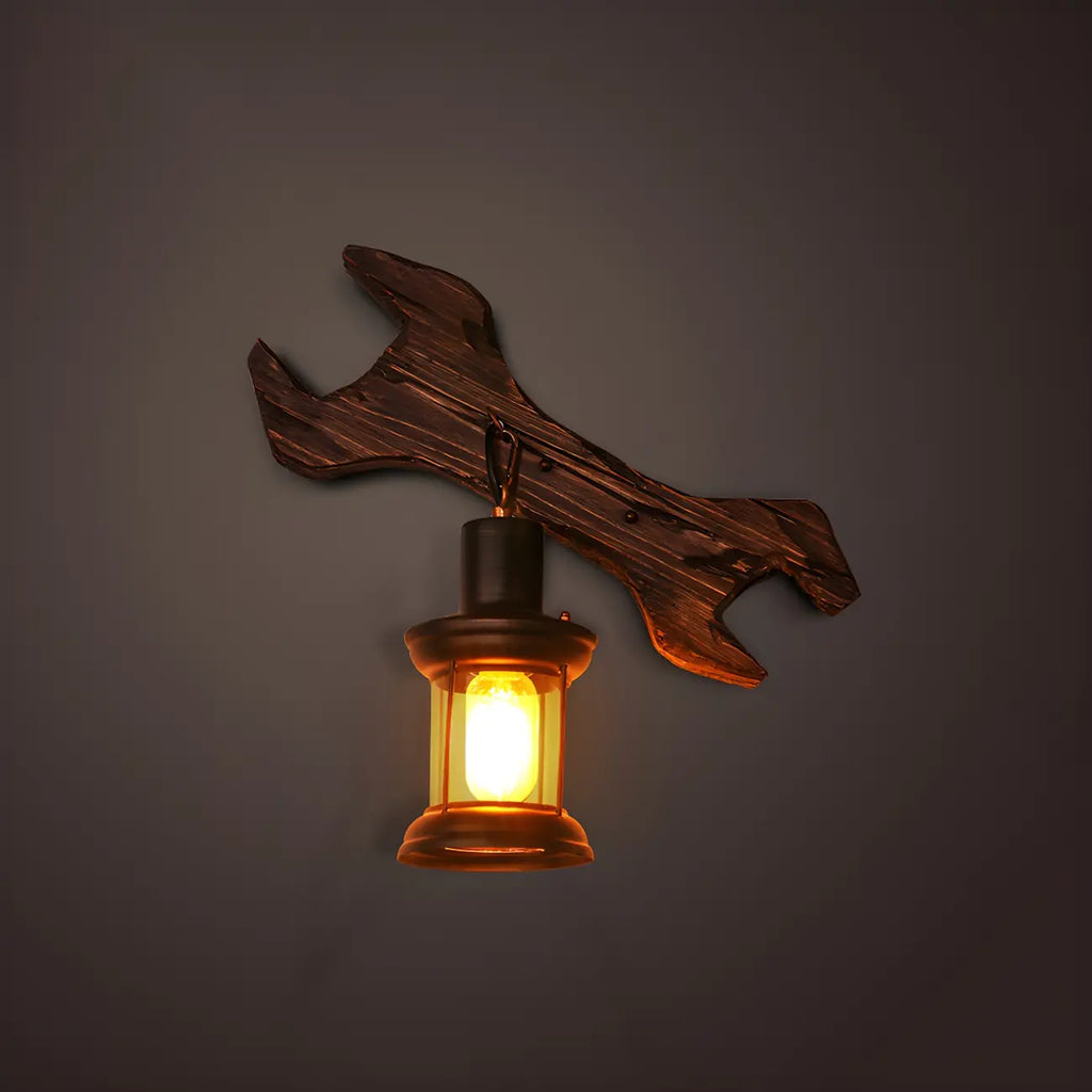 Industrial Distressed Wood Glass Black Wall Lantern Light