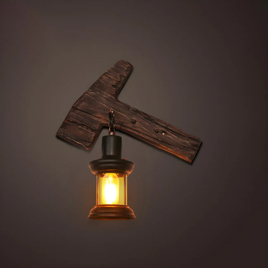 Industrial Distressed Wood Glass Black Wall Lantern Light