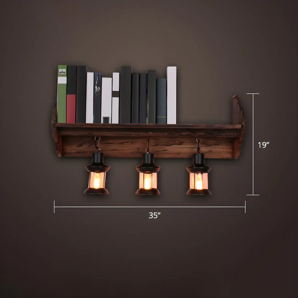 Industrial Distressed Wood Glass Black Wall Lantern Light