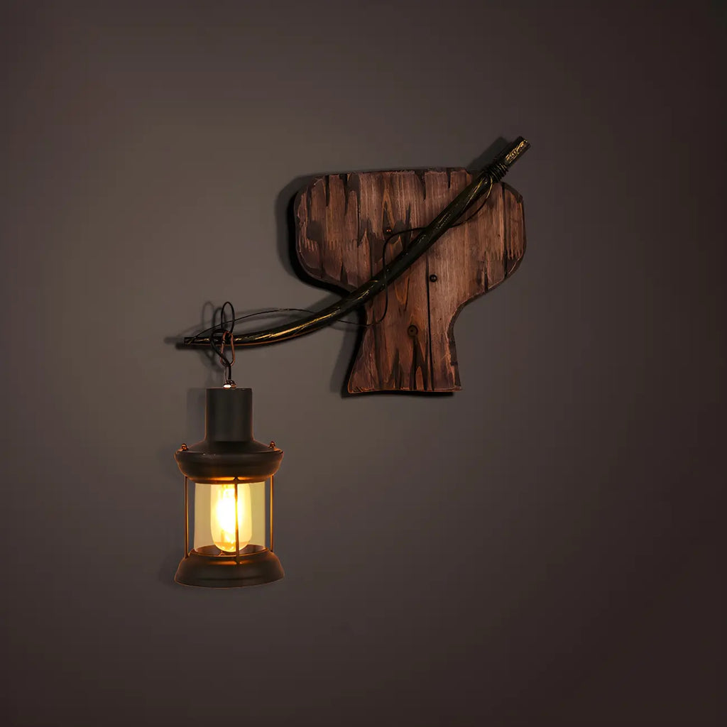 Industrial Distressed Wood Glass Black Wall Lantern Light