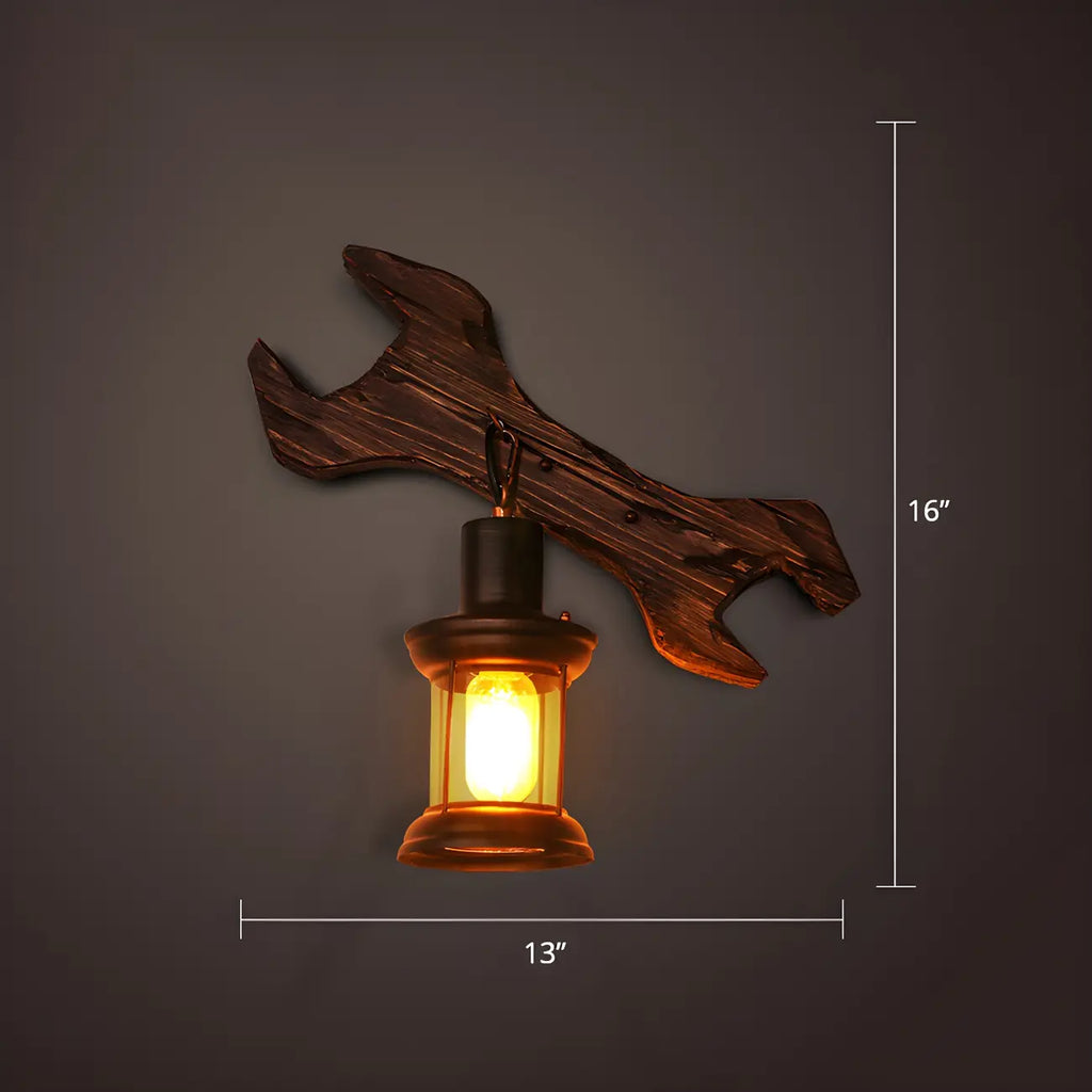 Industrial Distressed Wood Glass Black Wall Lantern Light