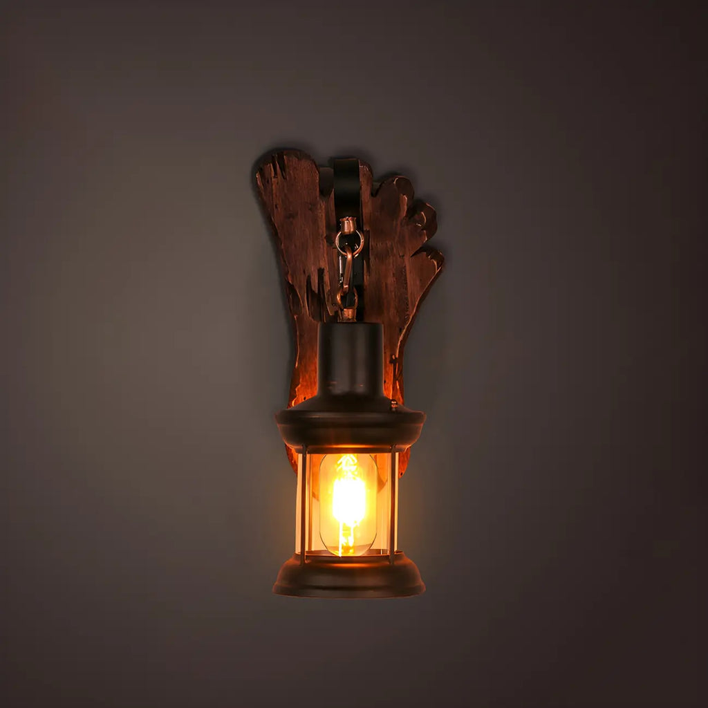 Industrial Distressed Wood Glass Black Wall Lantern Light