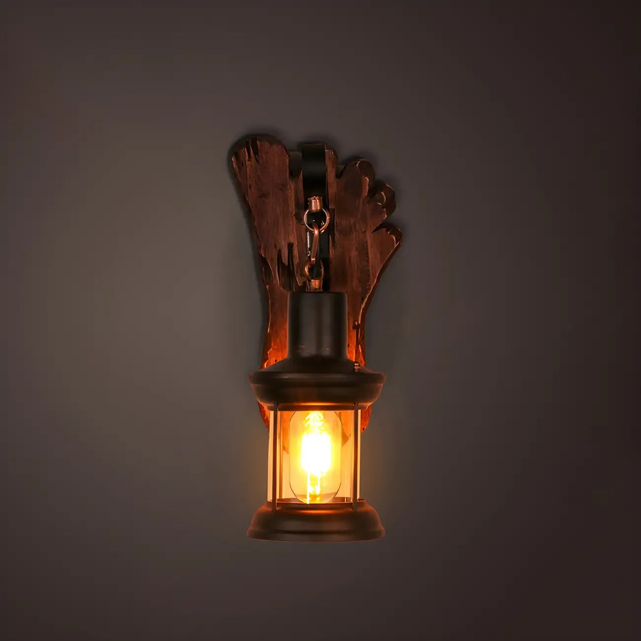 Industrial Distressed Wood Glass Black Wall Lantern Light
