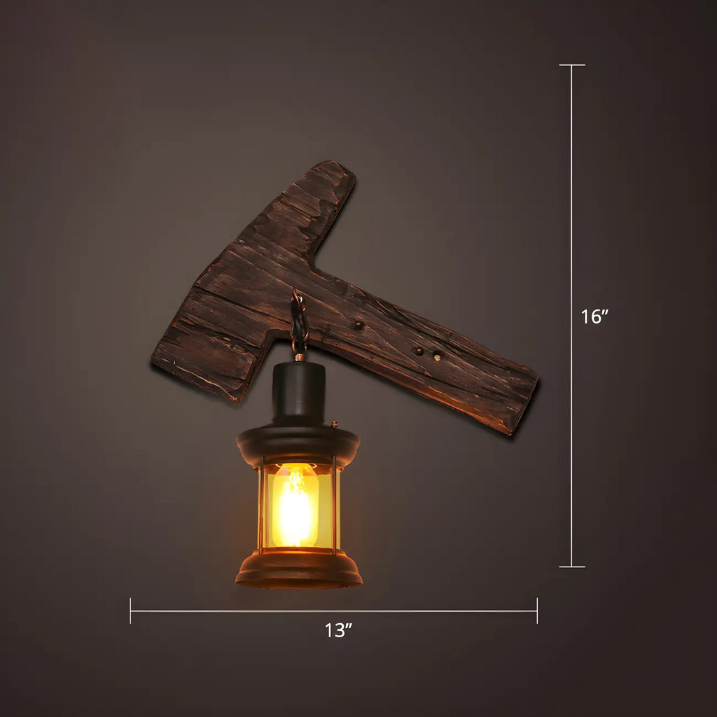 Industrial Distressed Wood Glass Black Wall Lantern Light
