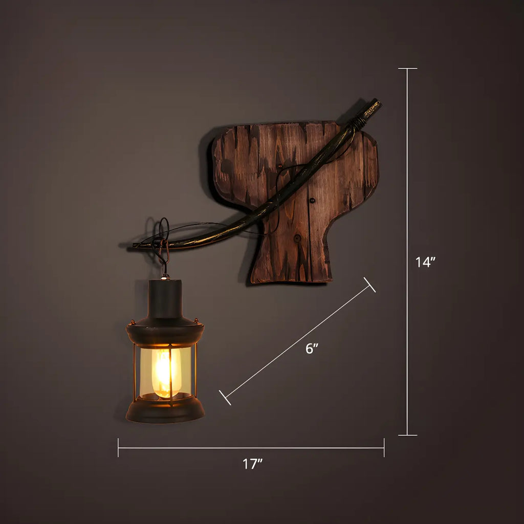 Industrial Distressed Wood Glass Black Wall Lantern Light