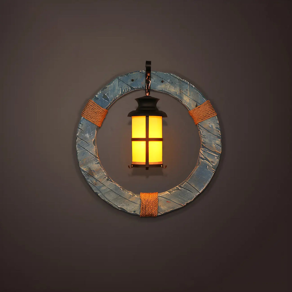 Industrial Distressed Wood Glass Black Wall Lantern Light