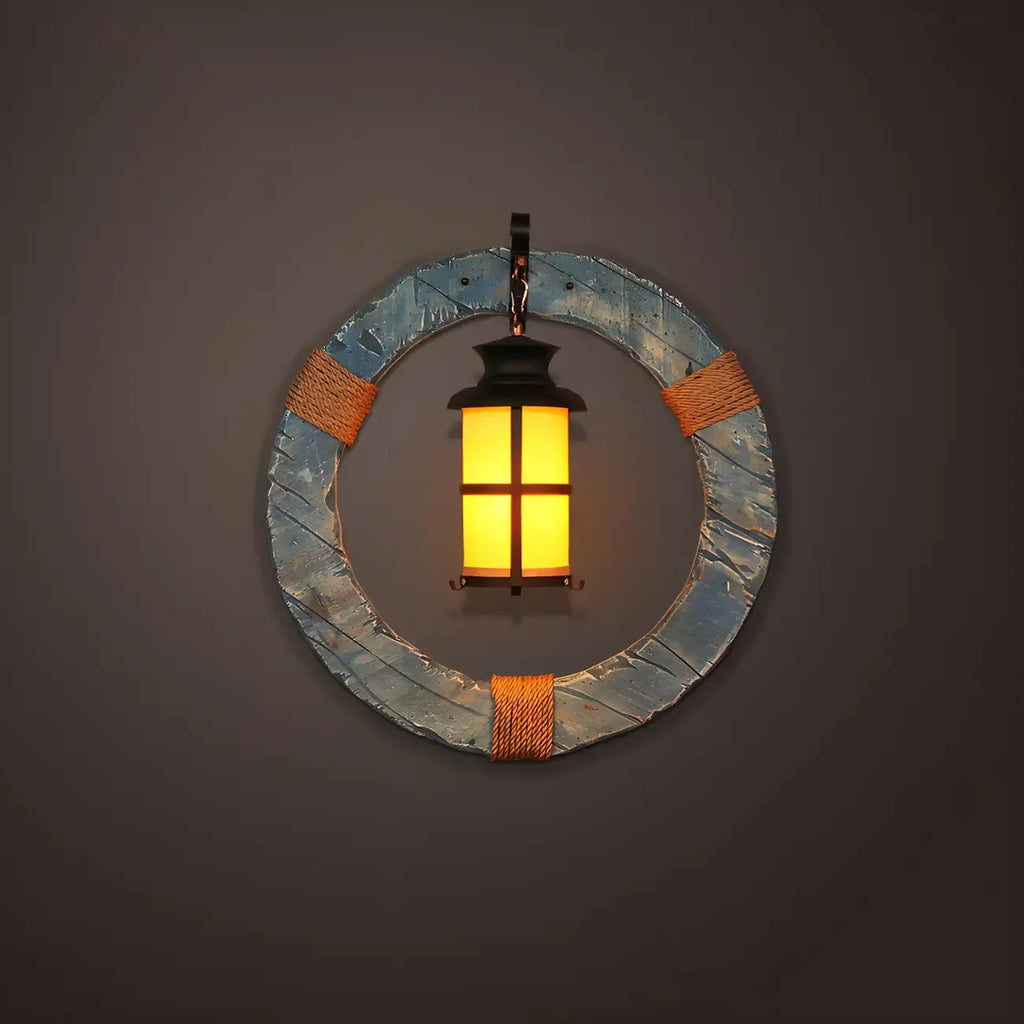 Industrial Distressed Wood Glass Black Wall Lantern Light