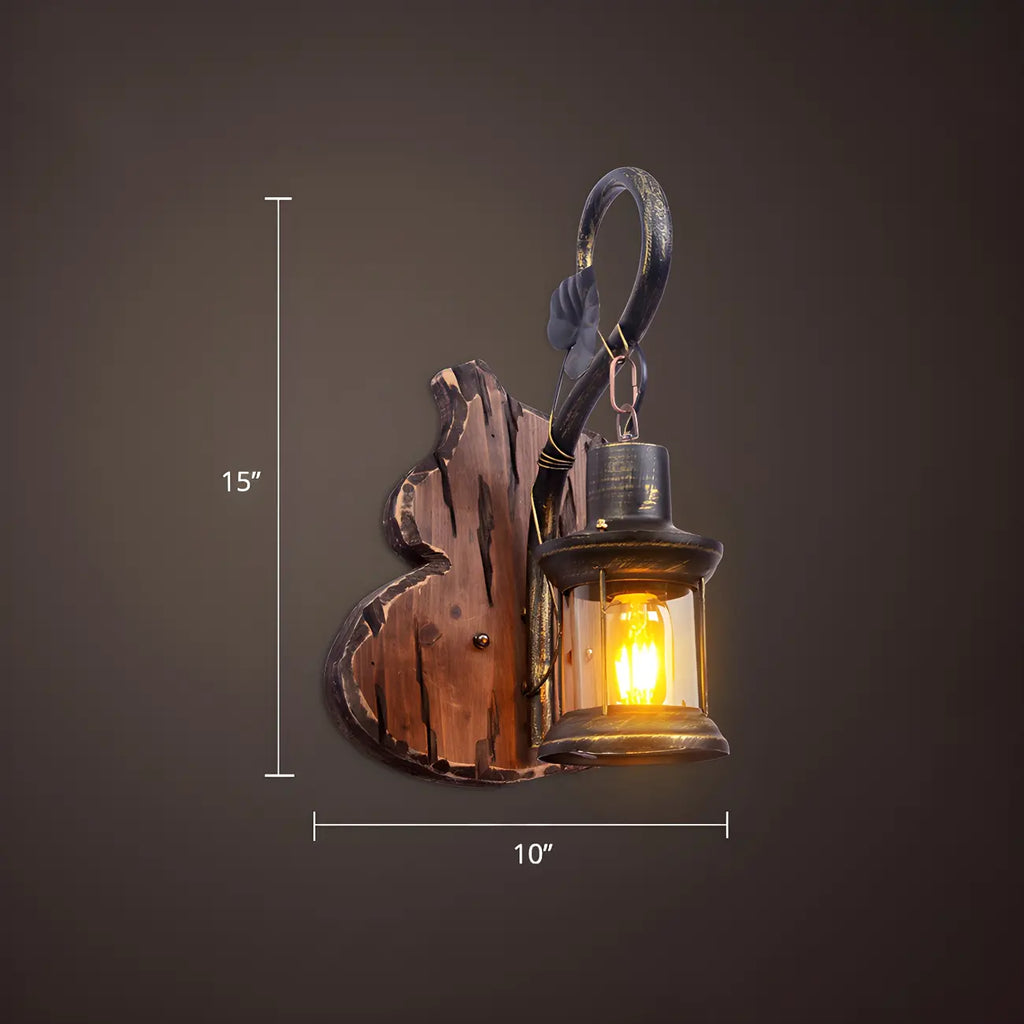 Industrial Distressed Wood Glass Black Wall Lantern Light