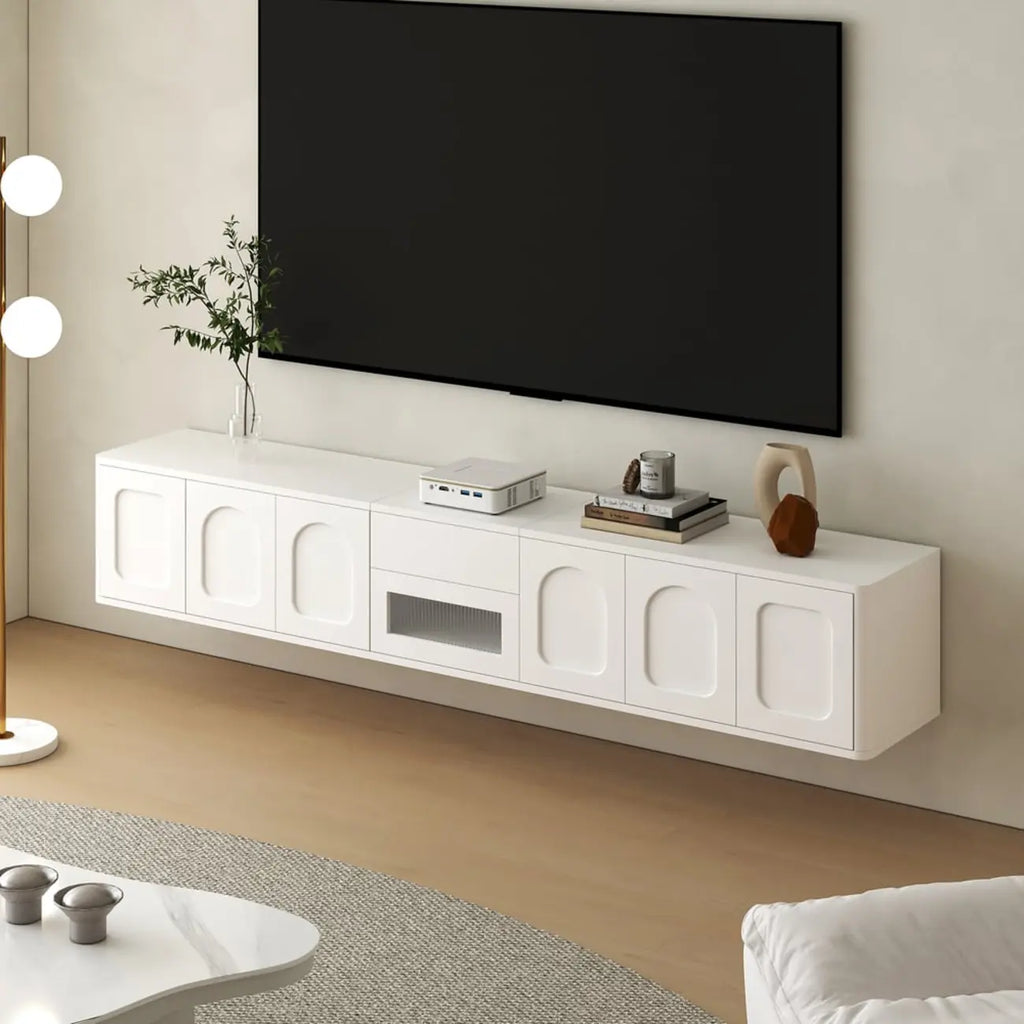 Modern Long Floating White TV Stand with Drawers