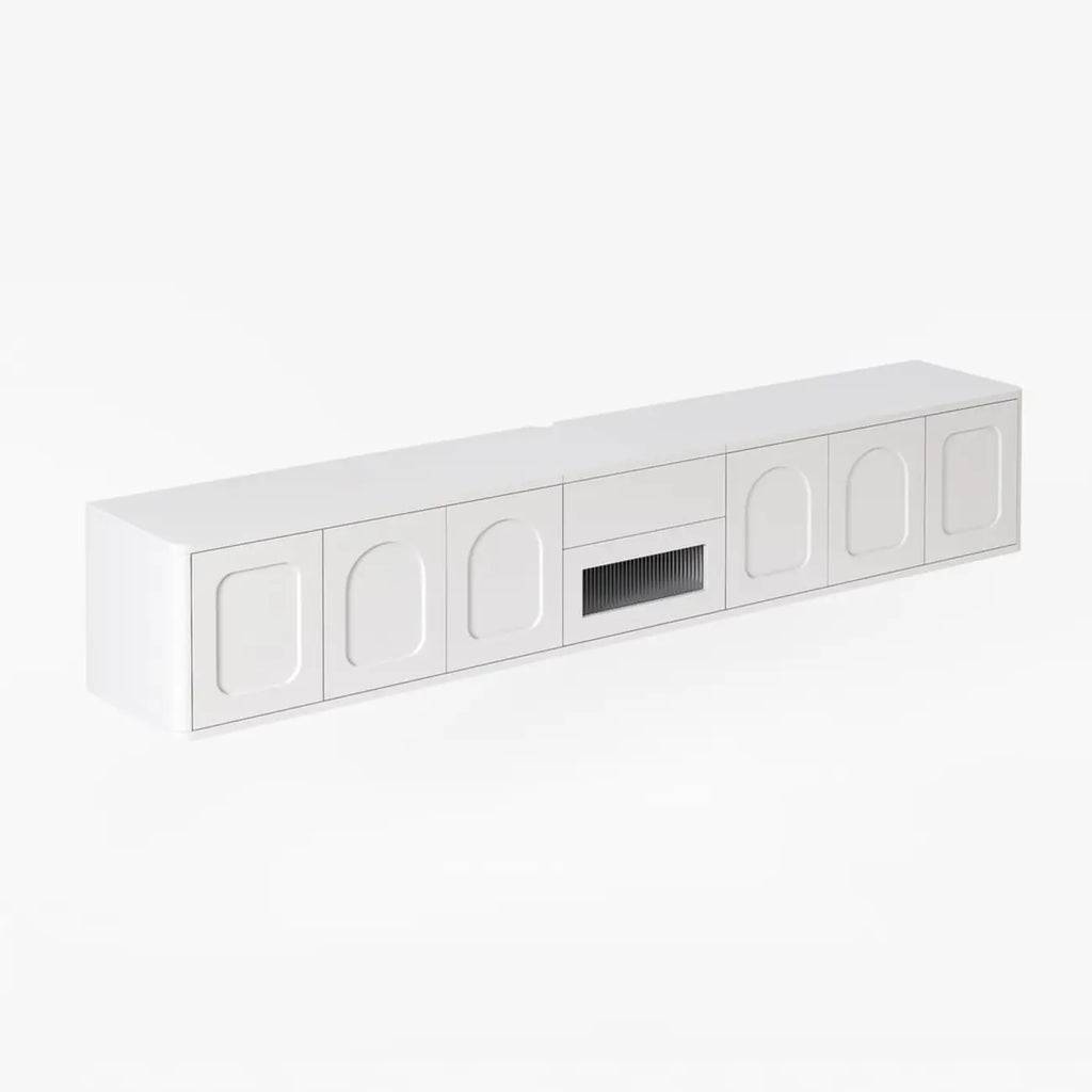 Modern Long Floating White TV Stand with Drawers