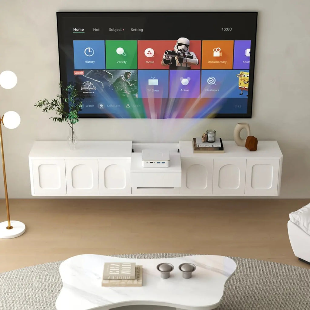 Modern Long Floating White TV Stand with Drawers