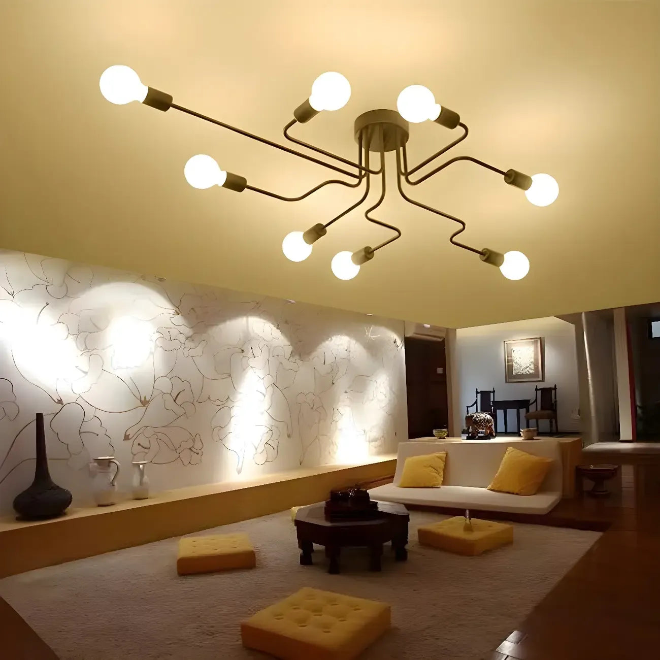 Industrial Sputnik Black Cast Iron Semi Flush Mount Ceiling Light