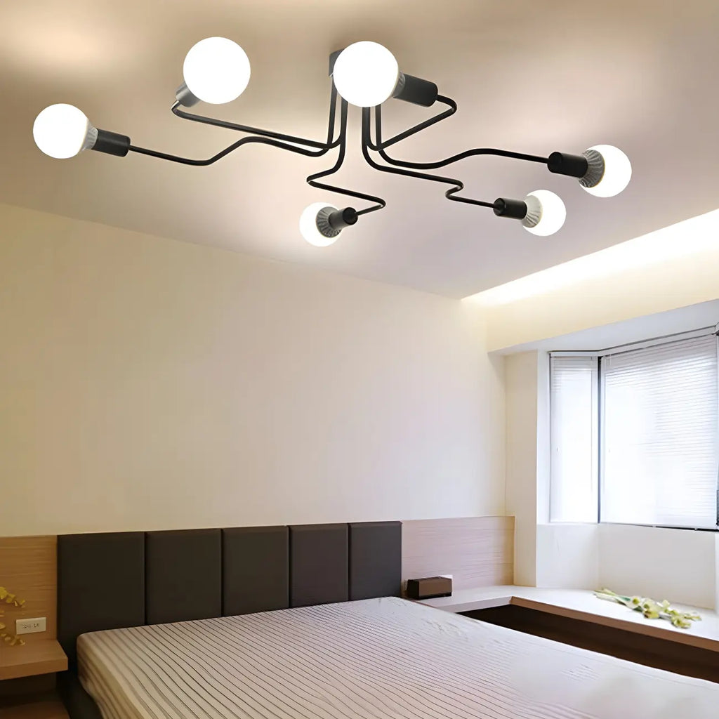 Industrial Sputnik Black Cast Iron Semi Flush Mount Ceiling Light