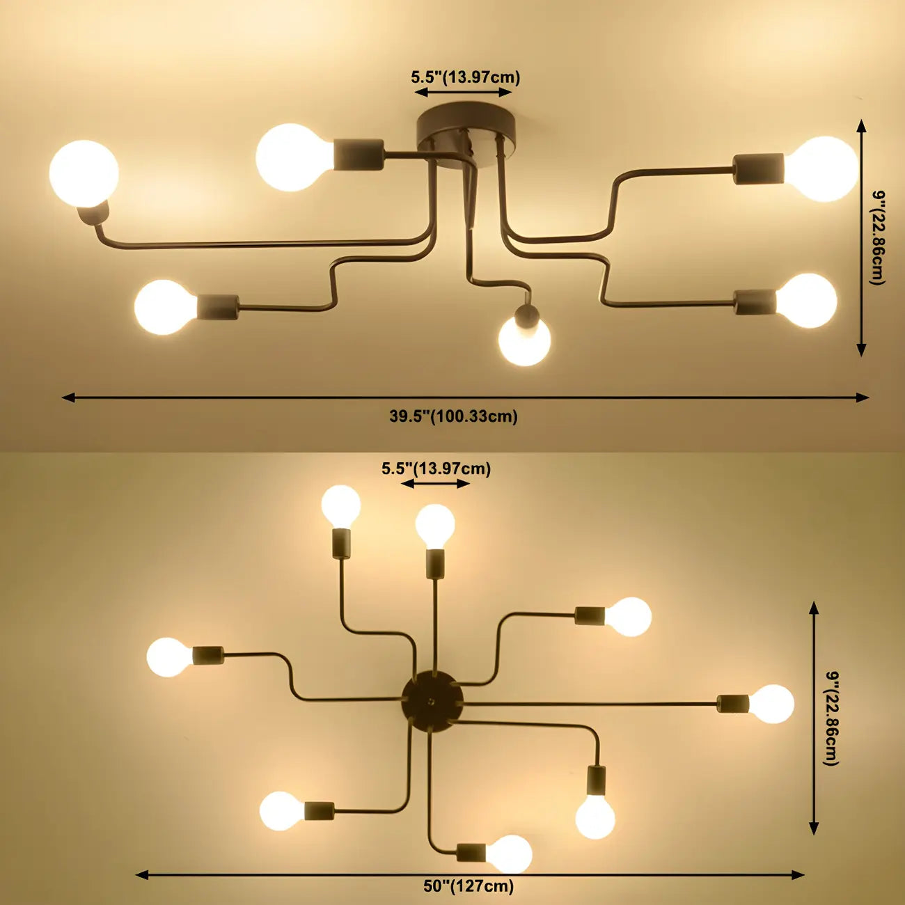 Industrial Sputnik Black Cast Iron Semi Flush Mount Ceiling Light