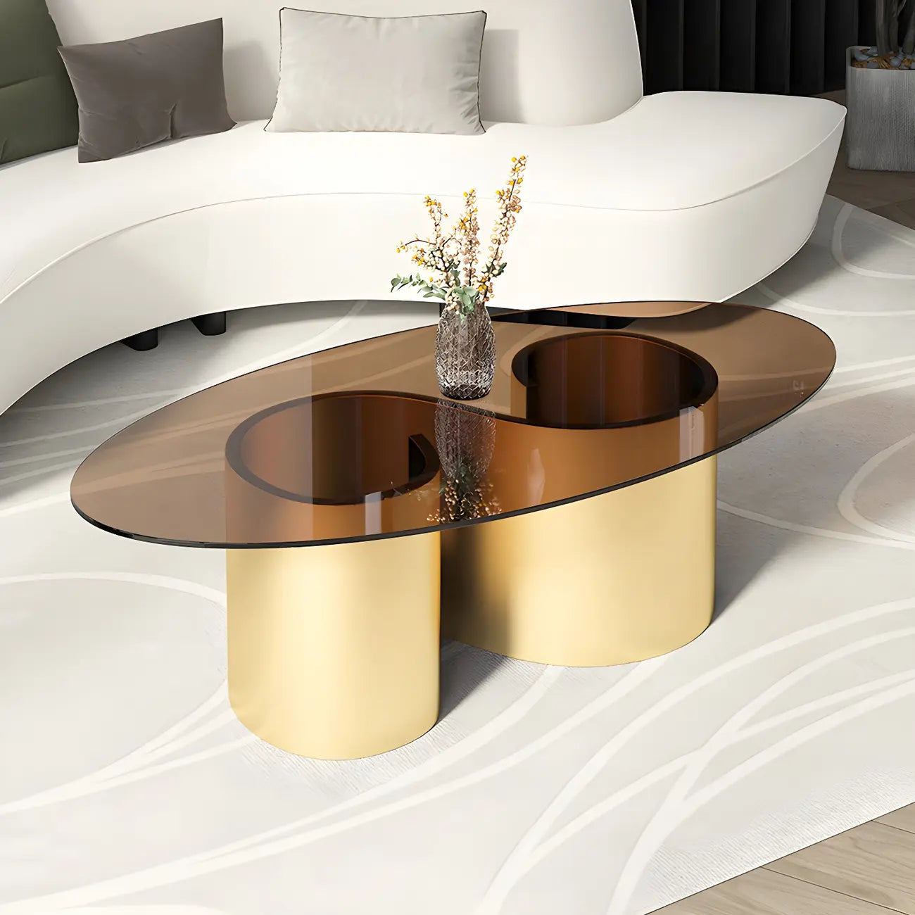 Modern Oval Glass Top Metal Base Coffee Table