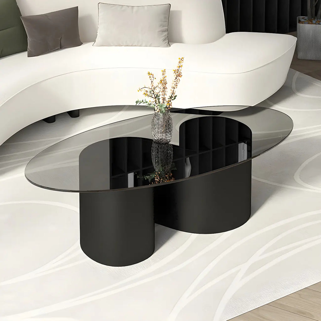 Modern Oval Glass Top Metal Base Coffee Table