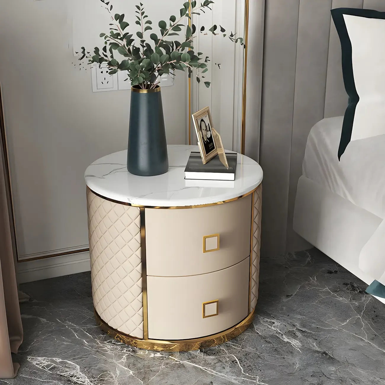 Glam Round Leather Nightstand with Marble Countertop 2 Drawers