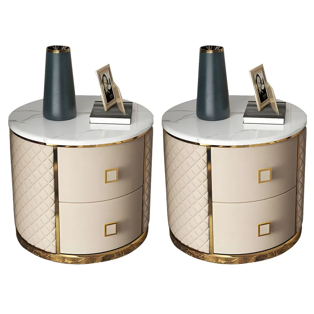 Glam Round Leather Nightstand with Marble Countertop 2 Drawers