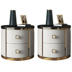 Glam Round Leather Nightstand with Marble Countertop 2 Drawers