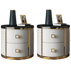 Glam Round Leather Nightstand with Marble Countertop 2 Drawers