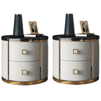 Glam Round Leather Nightstand with Marble Countertop 2 Drawers
