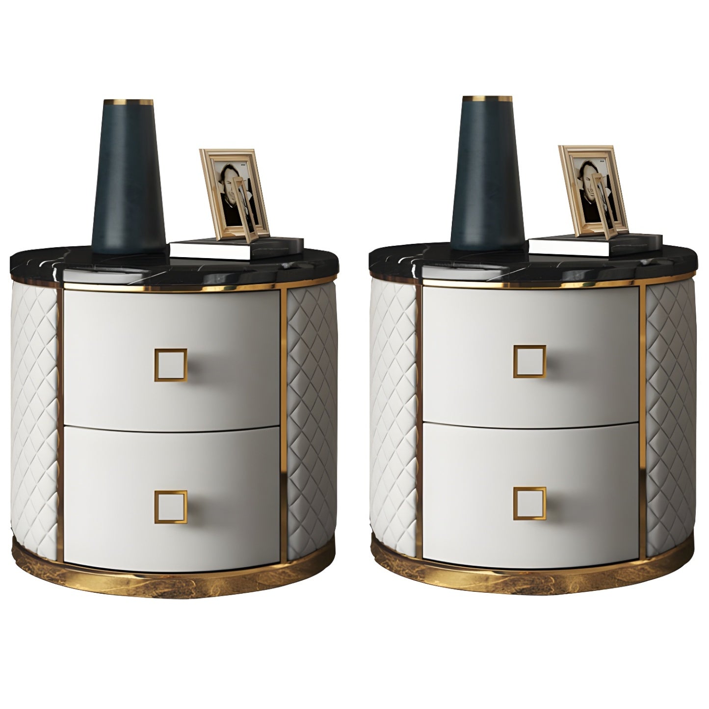 Glam Round Leather Nightstand with Marble Countertop 2 Drawers