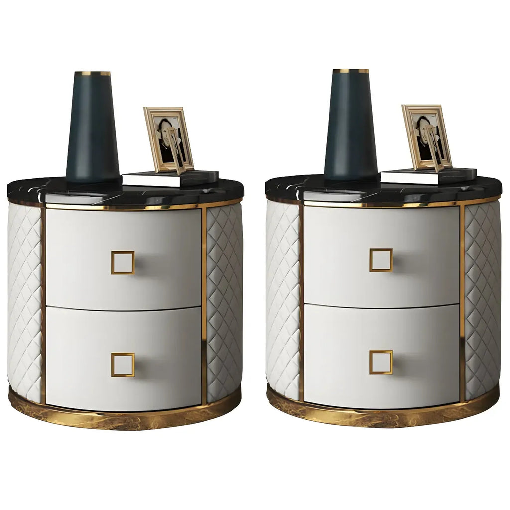 Glam Round Leather Nightstand with Marble Countertop 2 Drawers